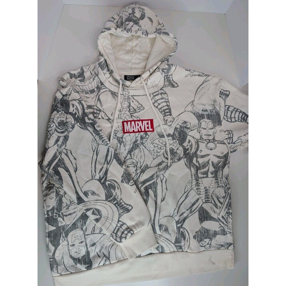 Aeropostale Marvel Comic Hoodie Mens L Cream Avengers Sketch Print Pullover